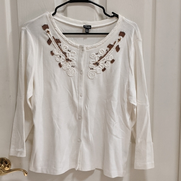 Rafaella Women's Petite Large White Cardigan with Beading TINY FLAW - Picture 1 of 8